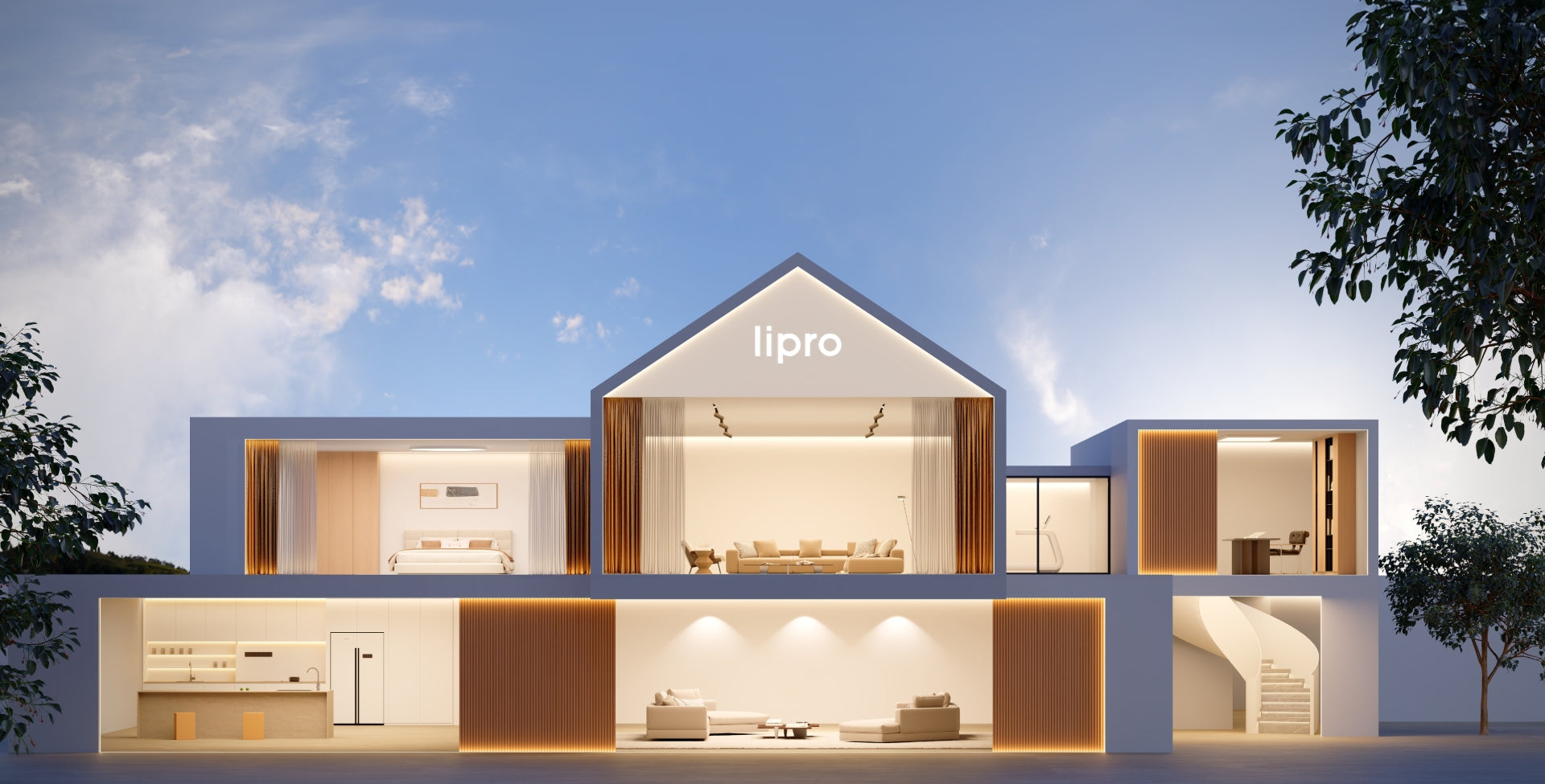 Architectural display showing lipro lighting throughout a home