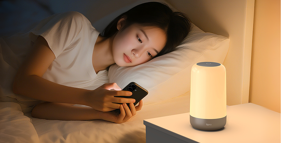 A bedside lamp next to a person using a phone
