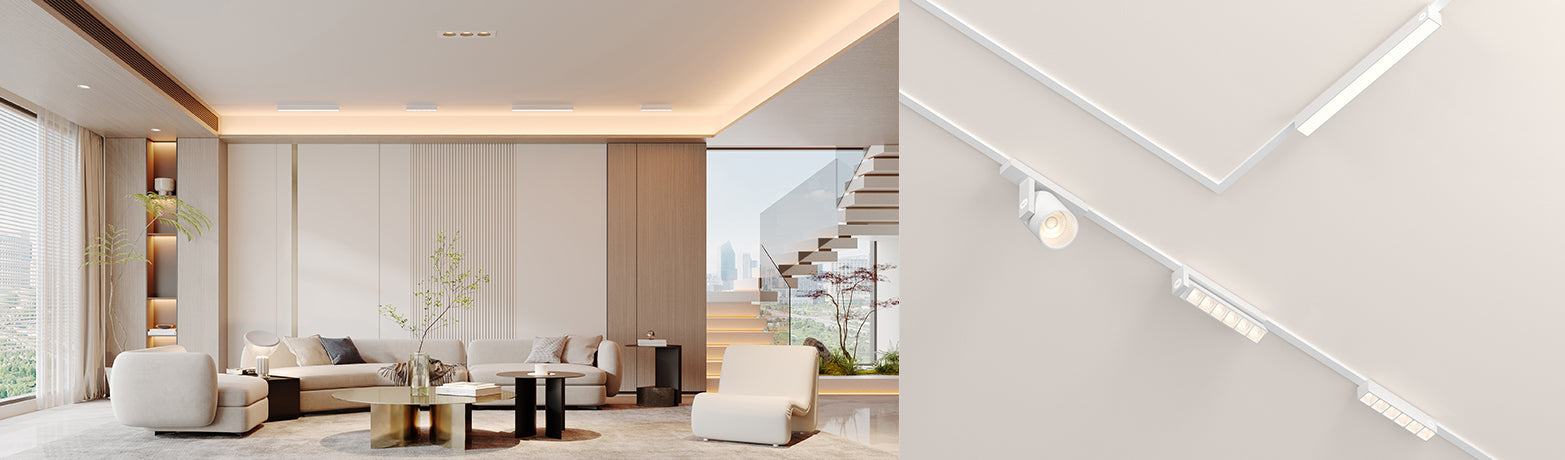 lipro S Series room lighting beside a close view of its track fixtures