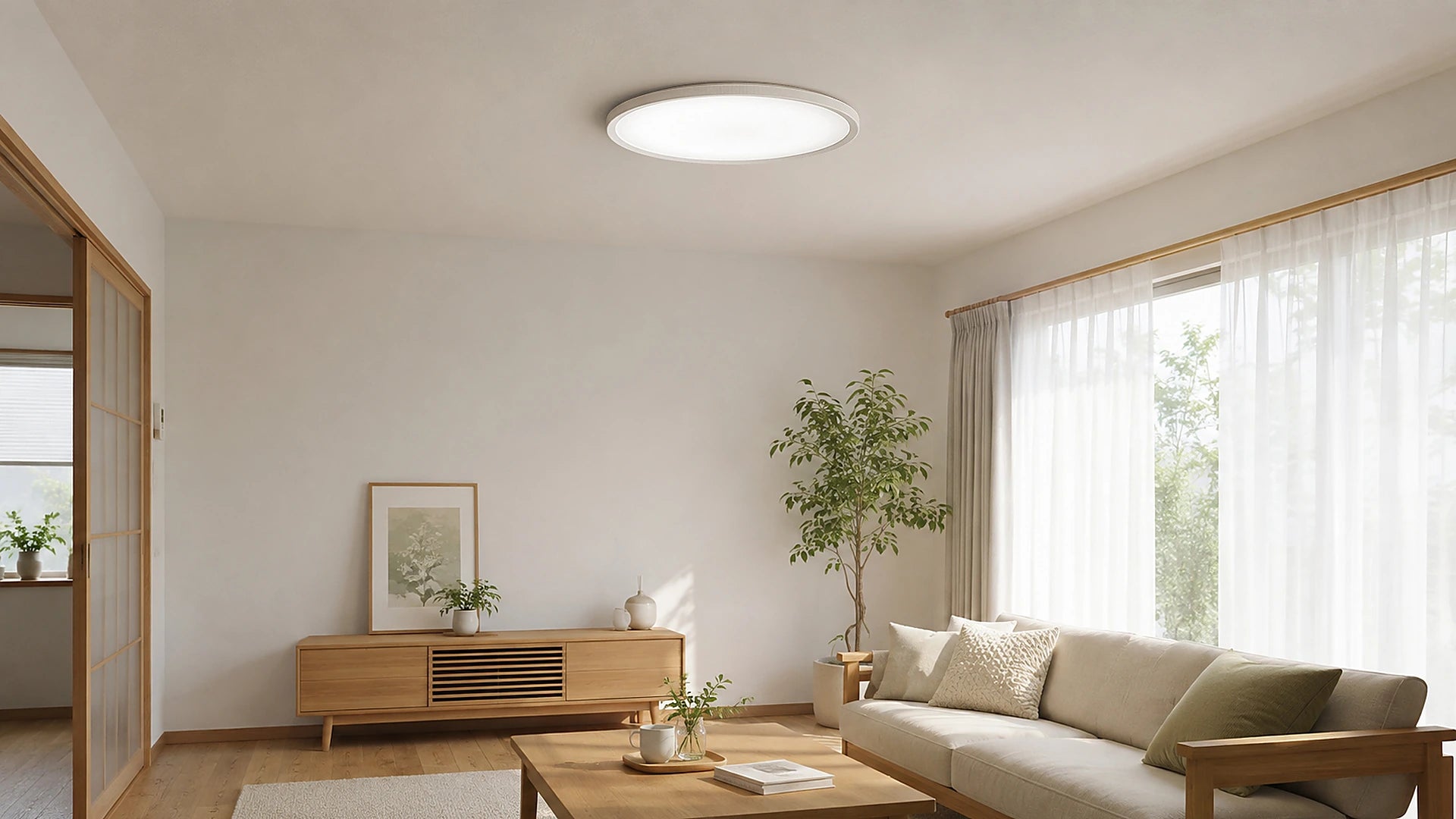 Daylight and lipro ceiling lighting in a living room
